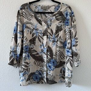 Naturals D&Co Women’s Linen Flax Blend Button Up Large Floral 3/4 Sleeves